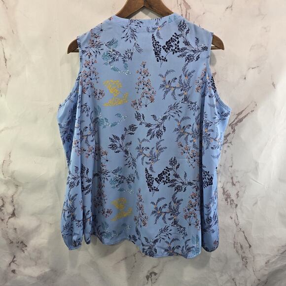 Maette Stella Dot Blouse Womens Large Blue Floral Cut Out Cold Shoulder Slouchy - Picture 5 of 13